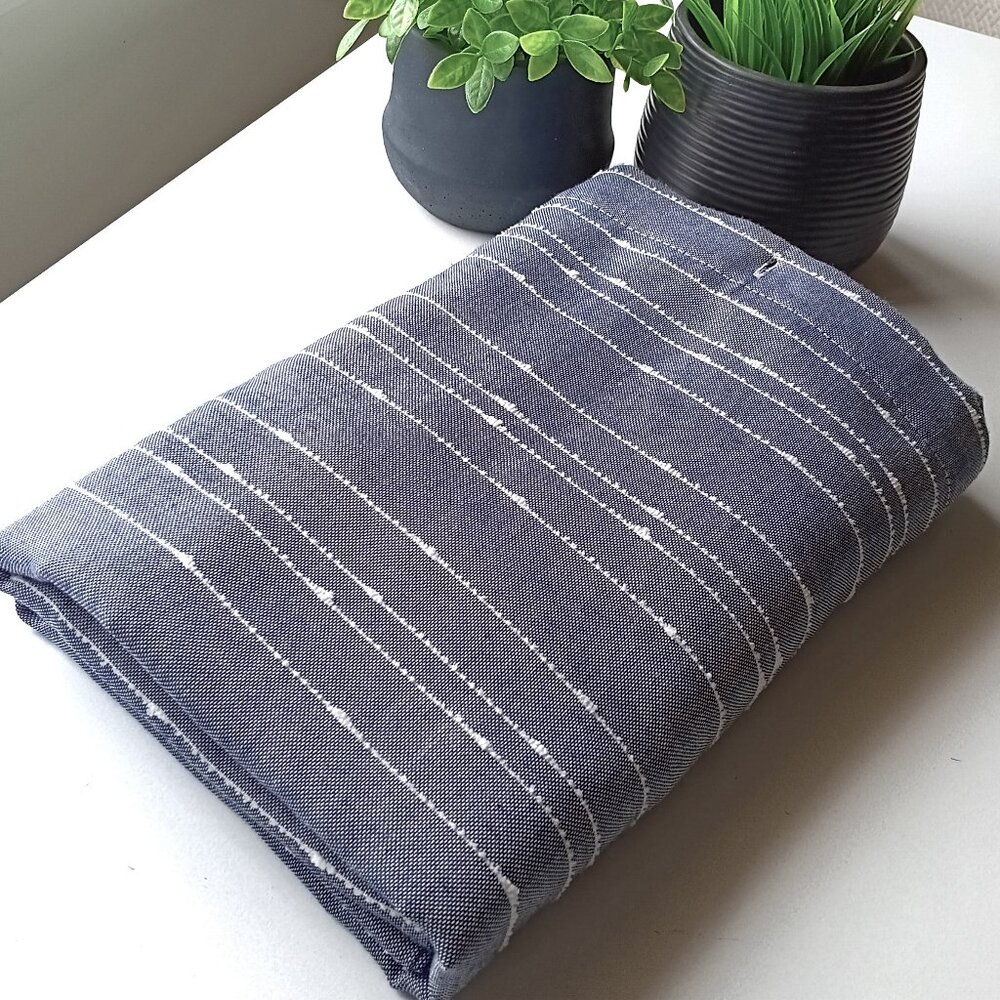 Denim Blue Linen Look Shower Curtain with White Embroidery Detailing